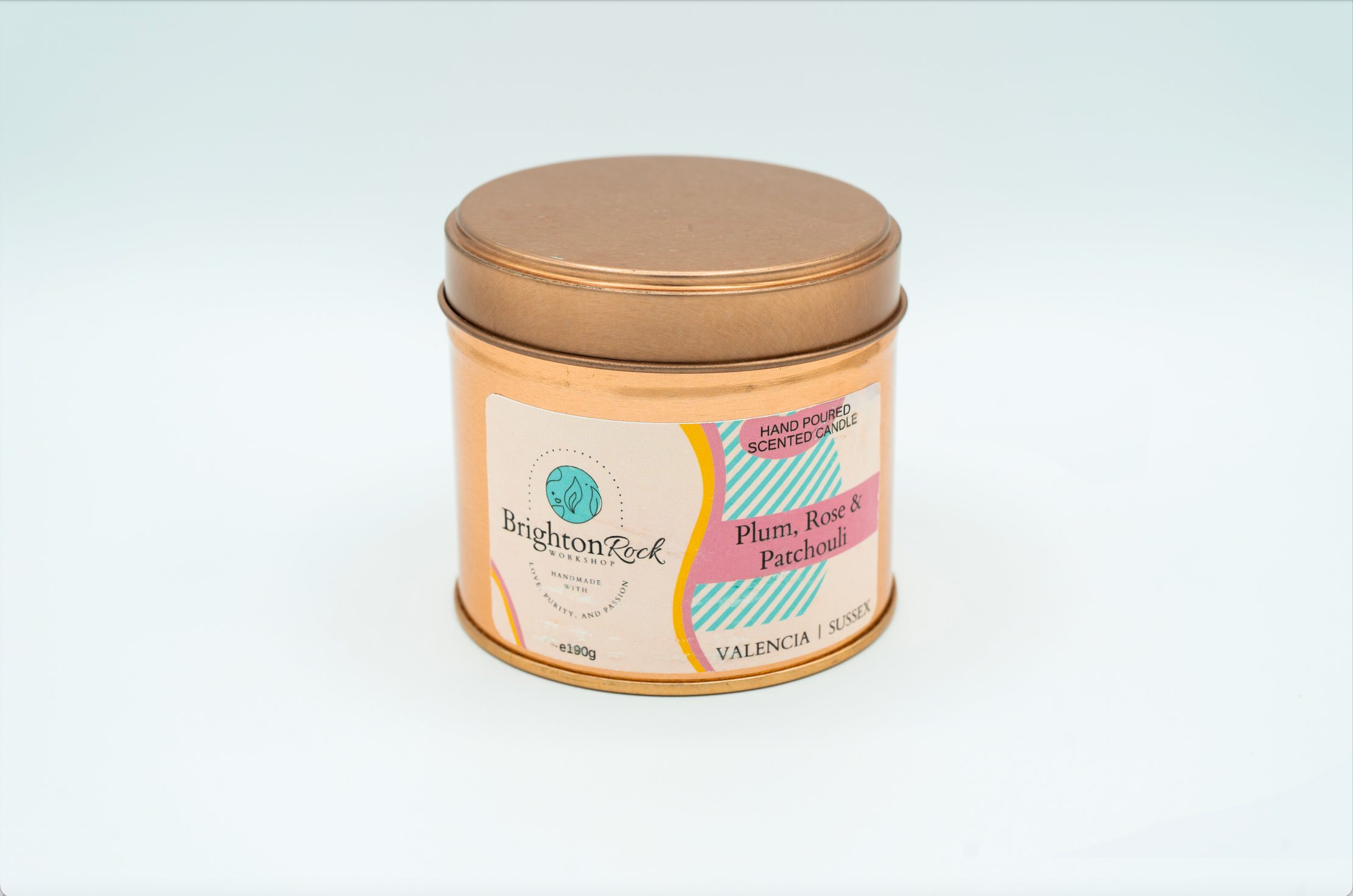 Plum, Rose & Patchouli Scented Candle in Rose Gold Tin 190g