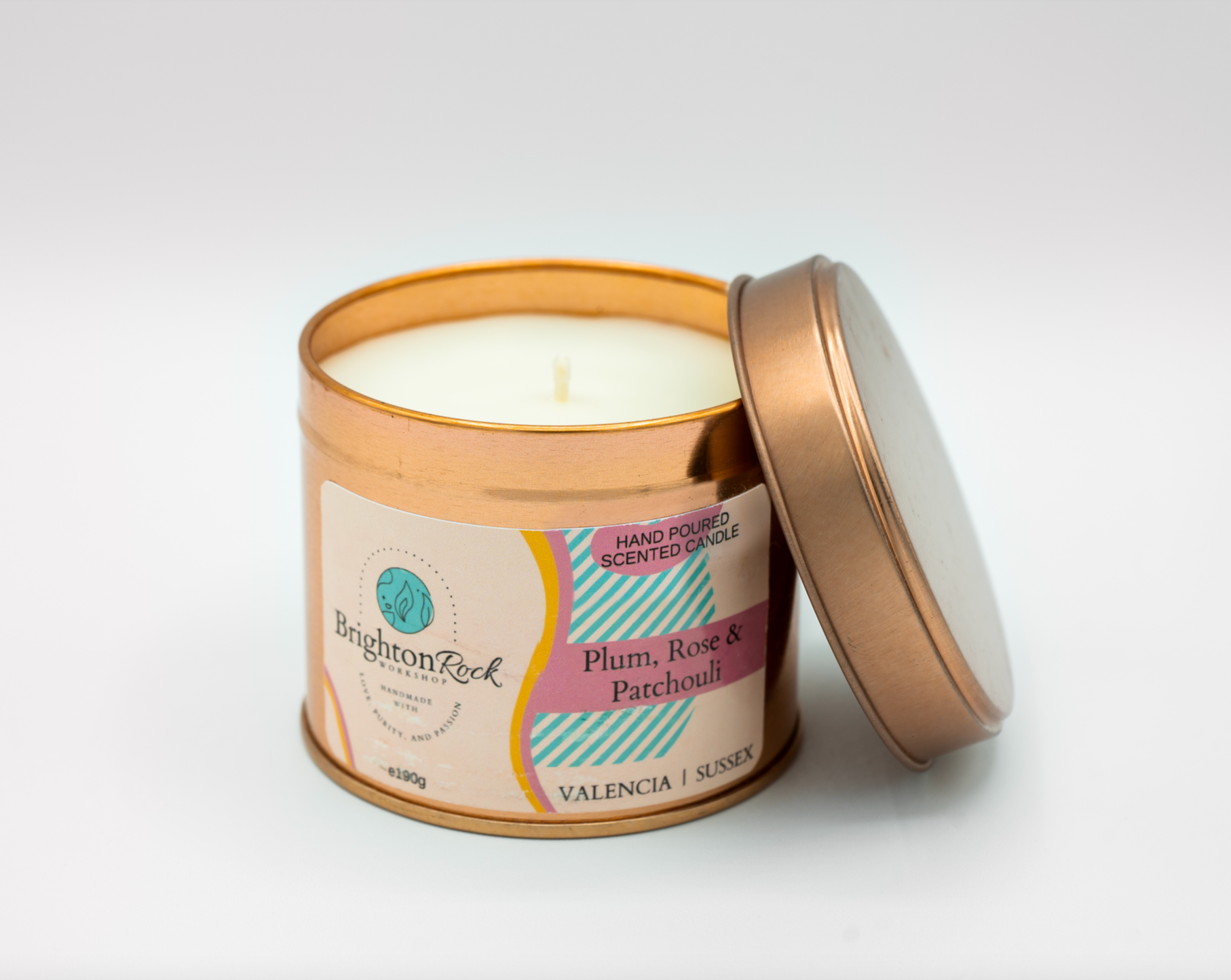 Plum, Rose & Patchouli Scented Candle in Rose Gold Tin 190g