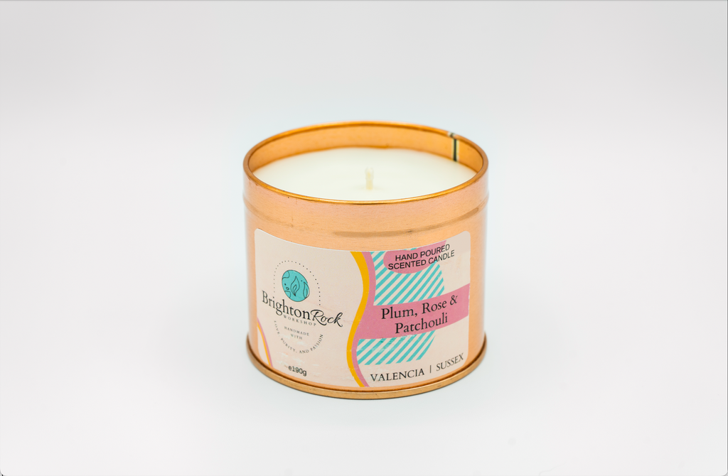 Plum, Rose & Patchouli Scented Candle in Rose Gold Tin 190g