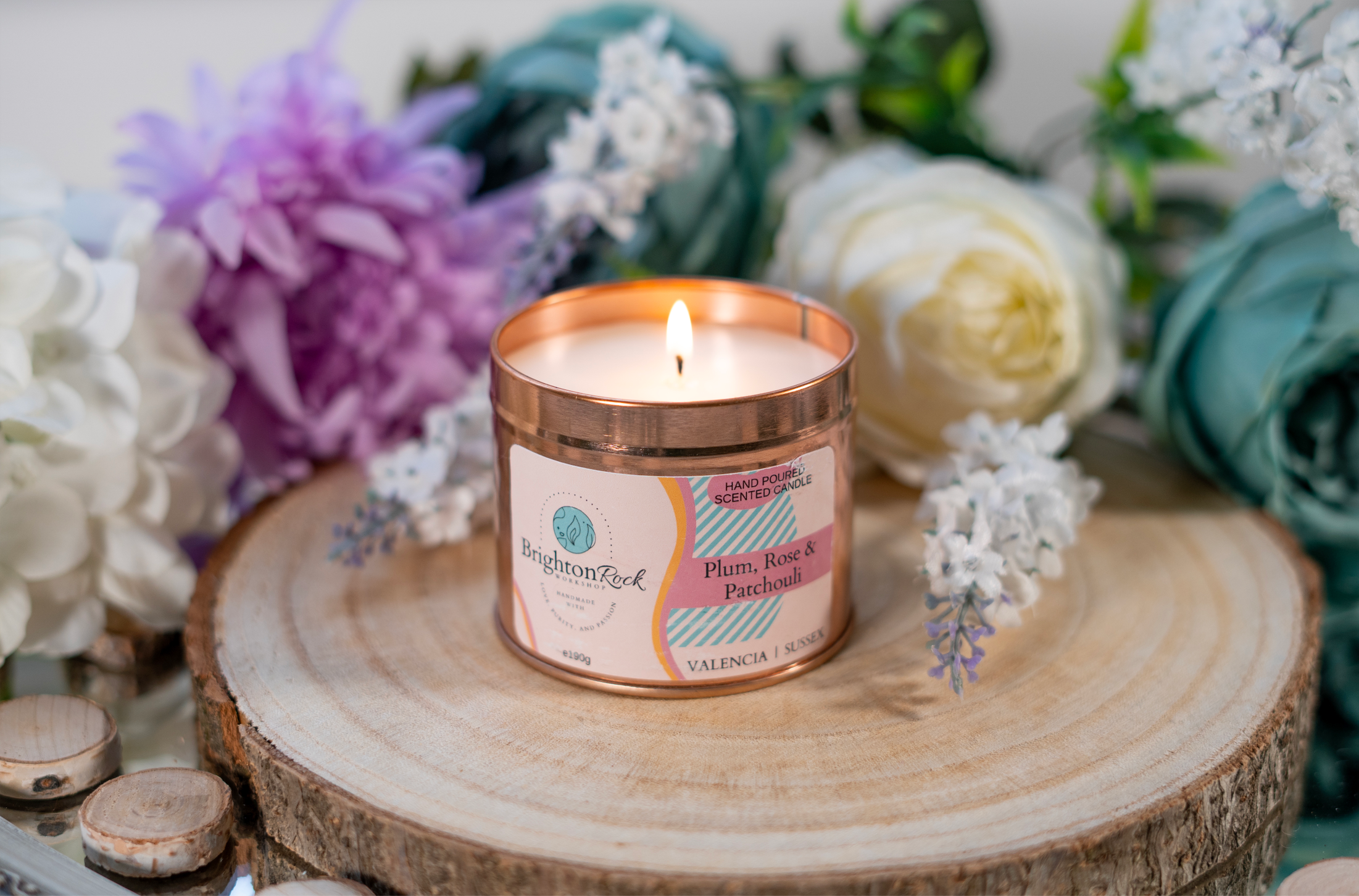 Plum, Rose & Patchouli Scented Candle in Rose Gold Tin 190g